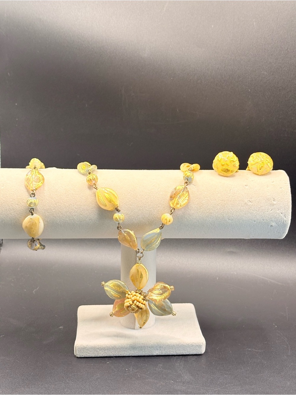 Genninger Murano Glass Necklace Bracelet Earrings Set Gold Foil Flower